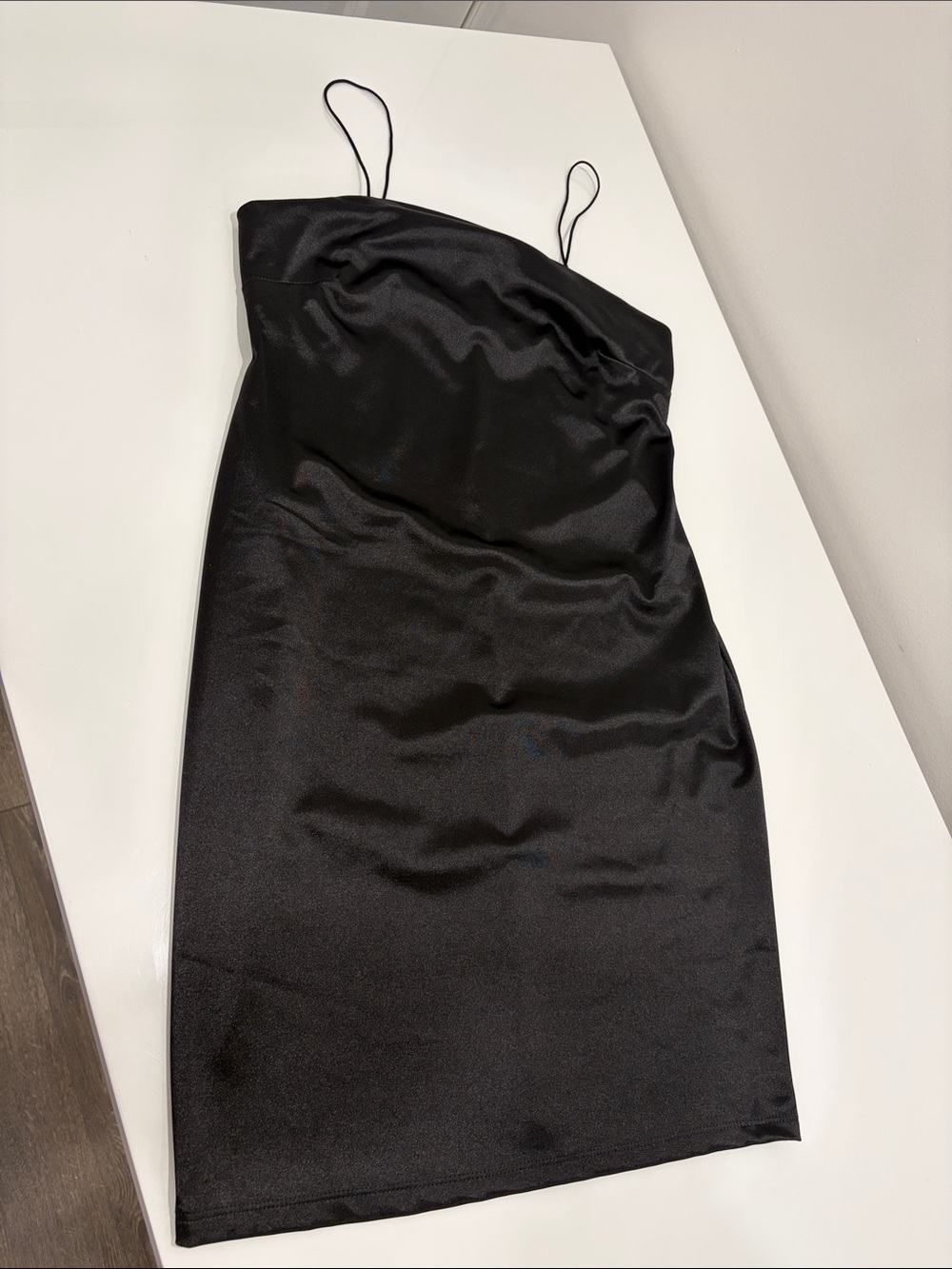 Mendocino Sleek Black Satin Slip Dress with Spaghetti Straps